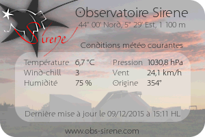 Conditions météo courantes à l'observatoire astronomique Sirene